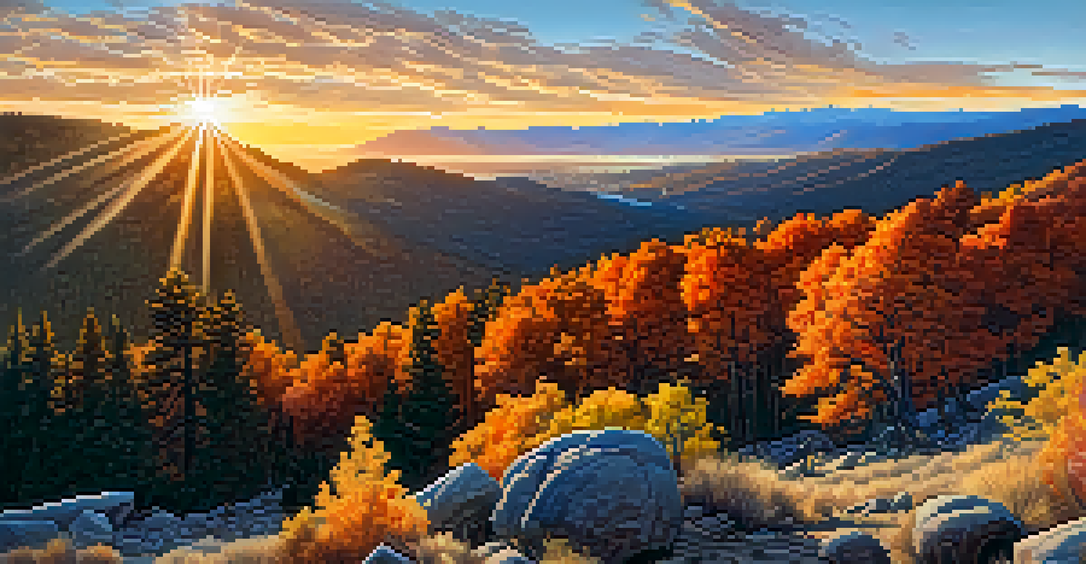 A panoramic view from Castle Rock Trail, featuring vibrant fall foliage and a warm sunset behind the mountains in Big Bear Valley.