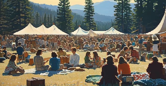 An outdoor music festival scene set in the late 1960s, showing attendees on blankets with picnic baskets, surrounded by nature and musicians on stage.