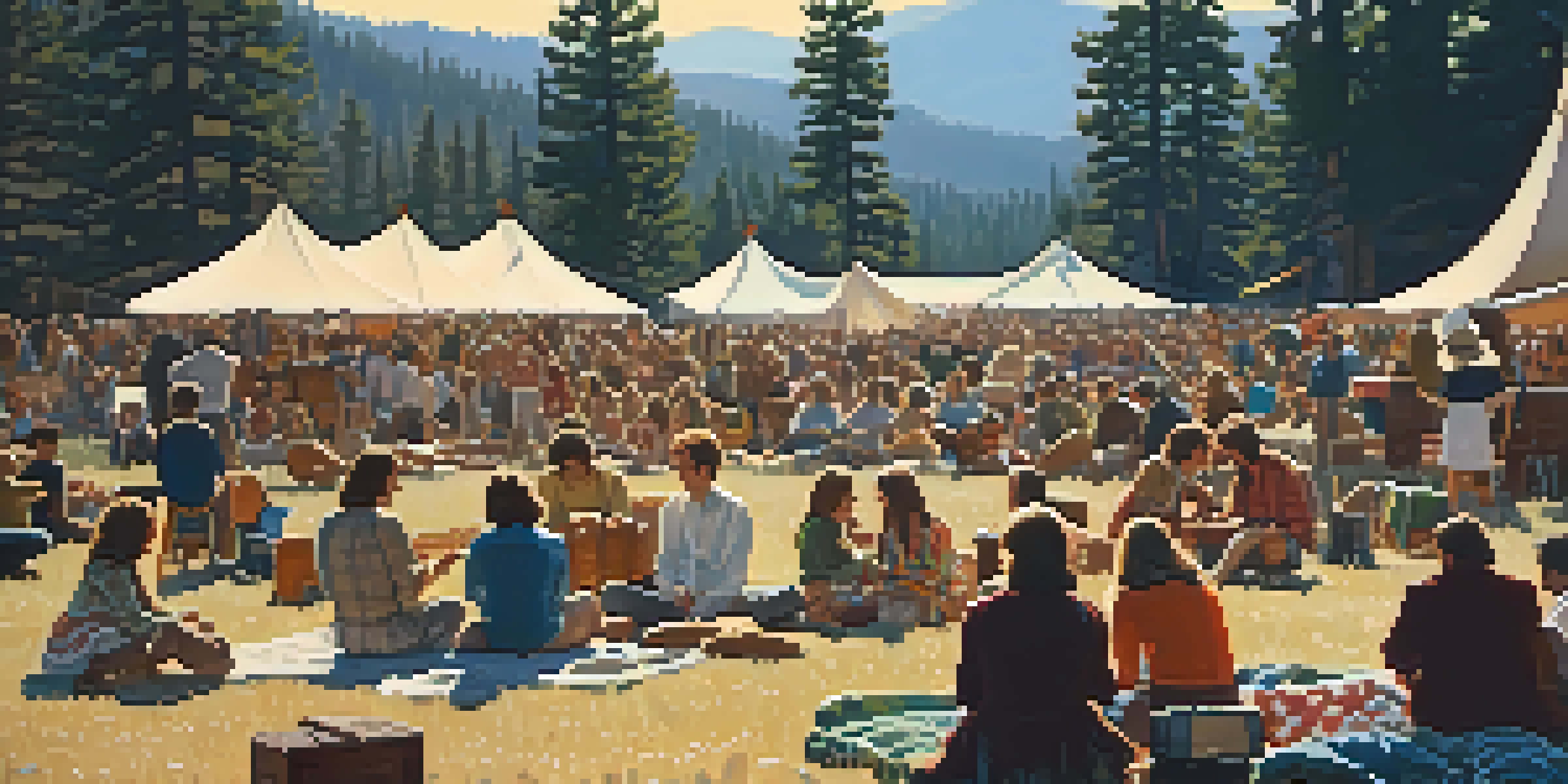 An outdoor music festival scene set in the late 1960s, showing attendees on blankets with picnic baskets, surrounded by nature and musicians on stage.