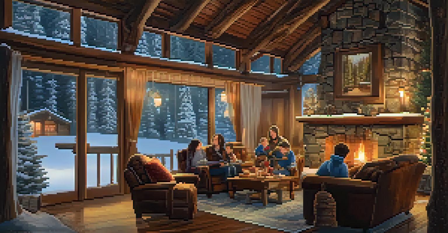 A warm and inviting cabin interior with a family by the fireplace, snow falling outside, and hot cocoa in hand.