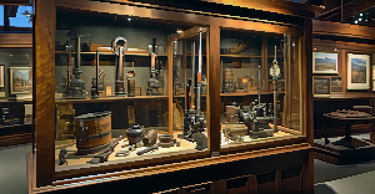 An interior view of a museum exhibit showcasing gold rush artifacts with vintage tools and historical photographs.
