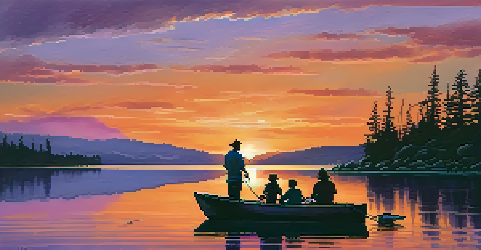 A family fishing from a small boat on Big Bear Lake during a colorful sunset.