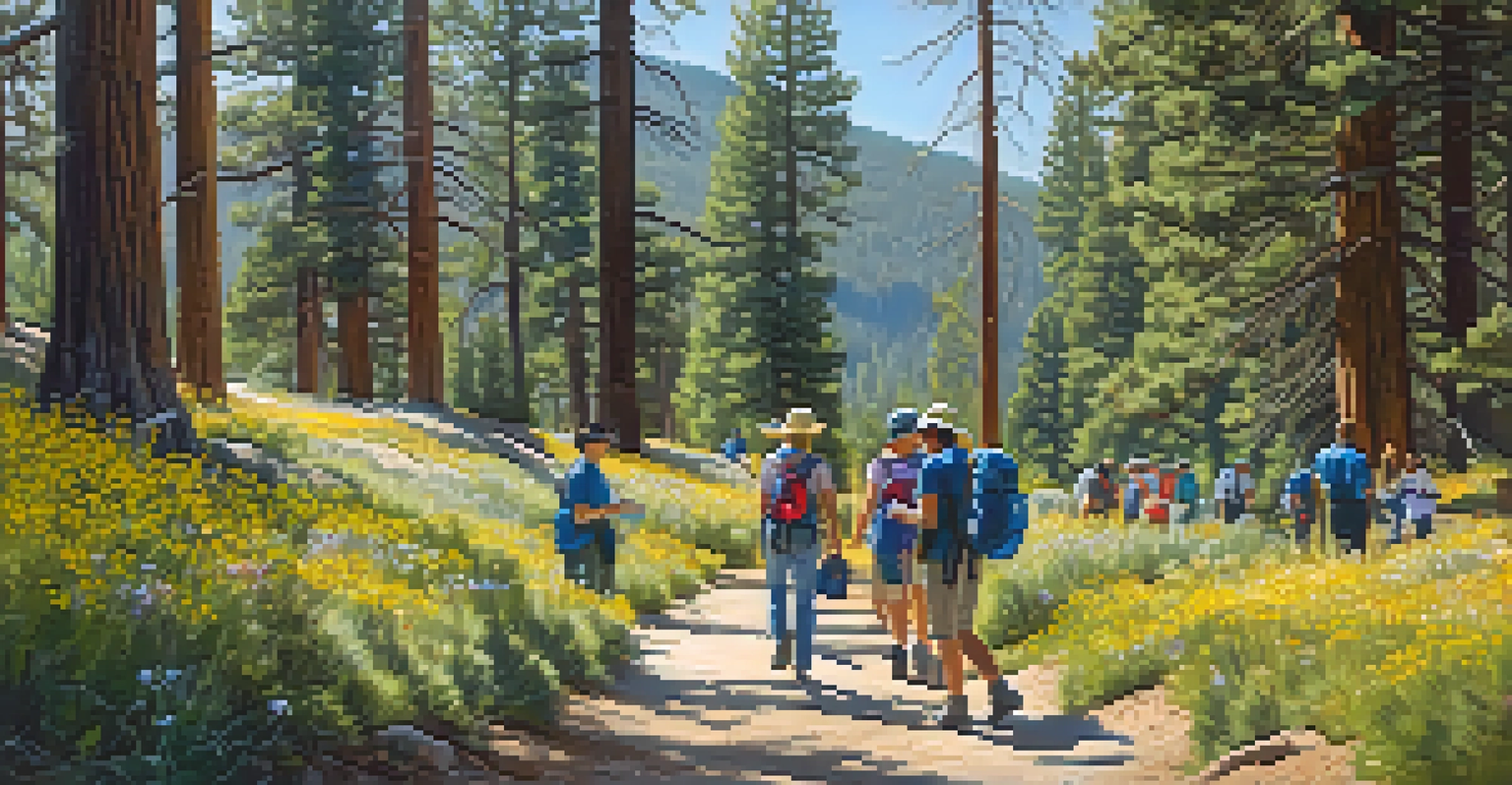 Tourists engaging in a trail clean-up in Big Bear, surrounded by wildflowers and trees, under bright sunlight.