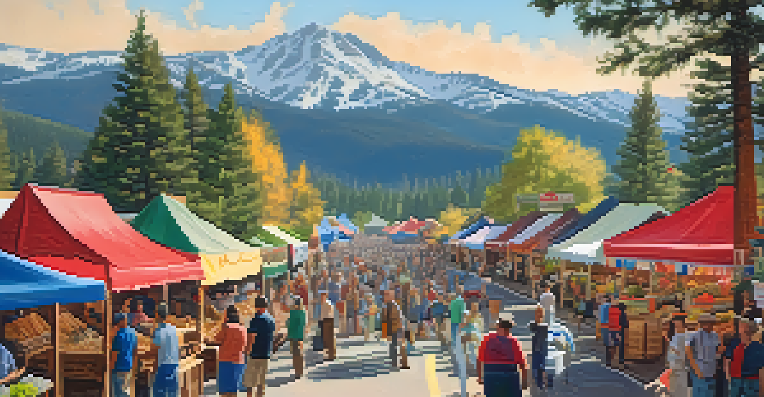 A community market in Big Bear with vendors selling wooden crafts, set against a backdrop of mountains and trees.