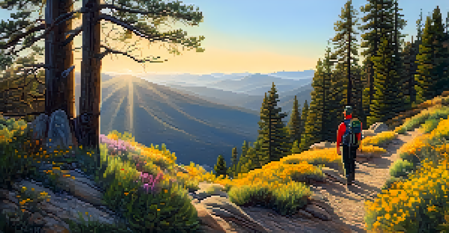 A hiker on a scenic trail in the mountains of Big Bear, surrounded by wildflowers and sunlight filtering through the trees.