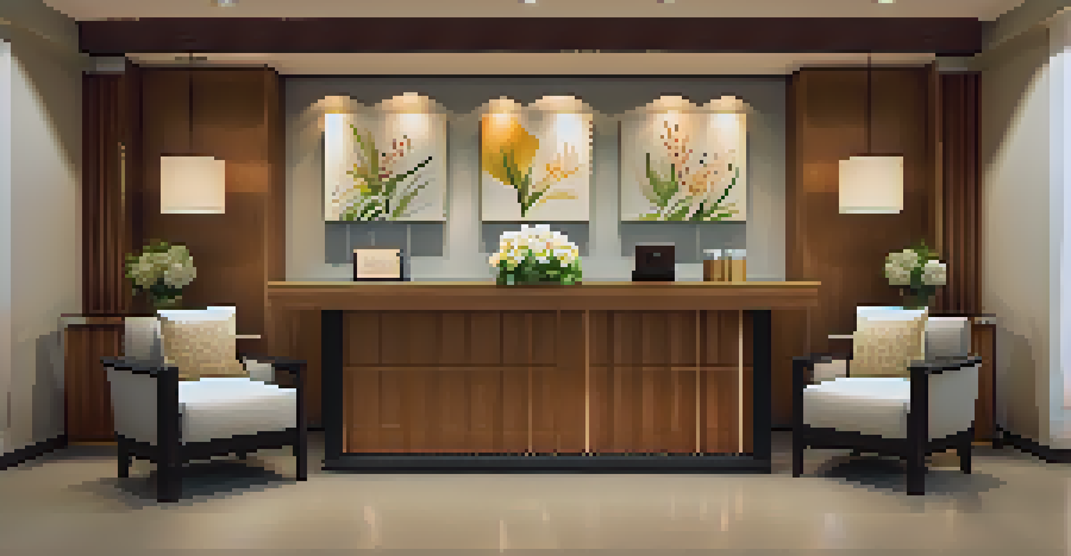 A modern spa reception area with a wooden counter, friendly staff, and comfortable seating, showcasing a cozy and inviting atmosphere.