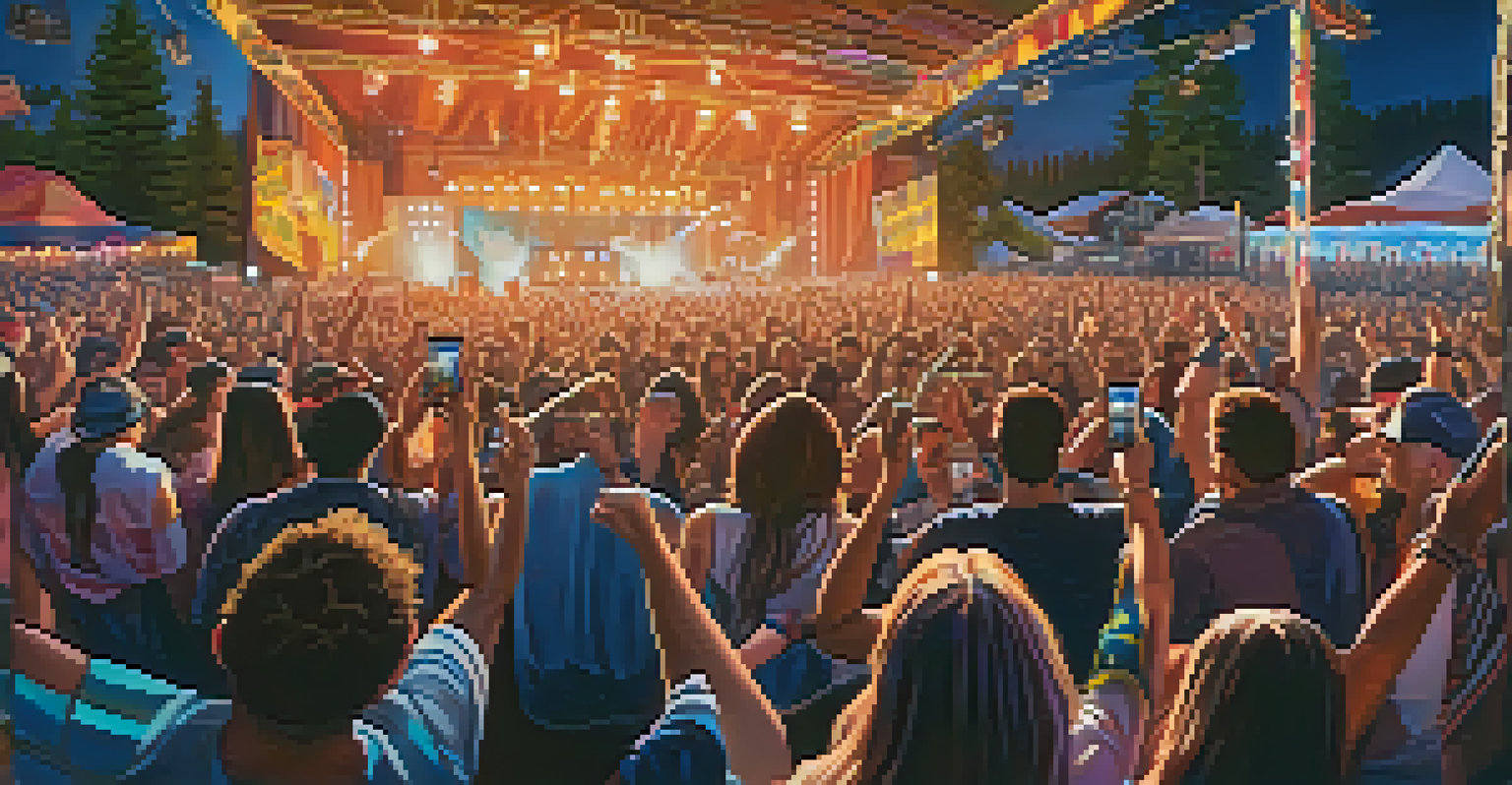 Local artists performing energetically on stage at a Big Bear music festival, with an enthusiastic audience in the background.