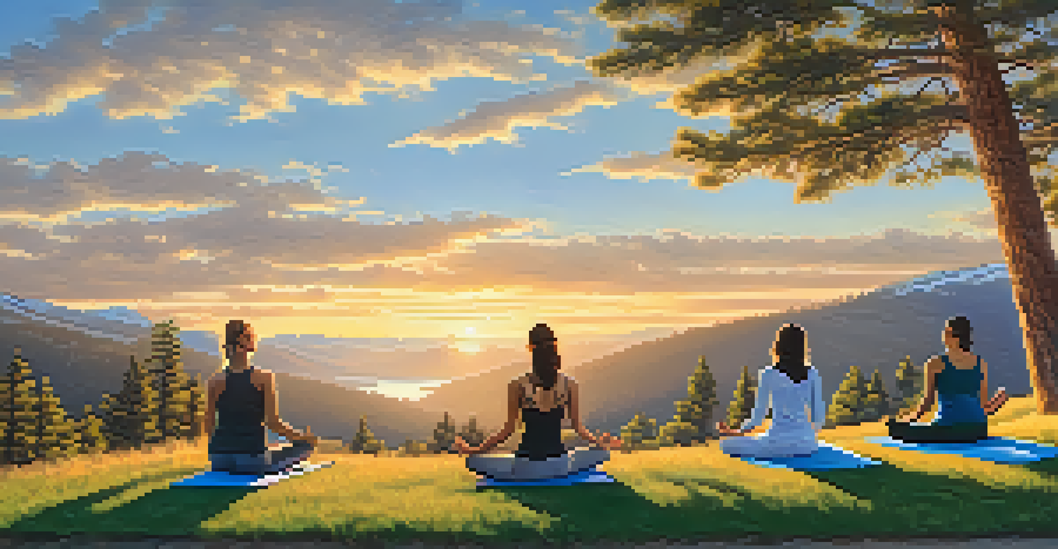 Participants practicing yoga on a hillside during dawn, with mountains and a clear blue sky in the background.