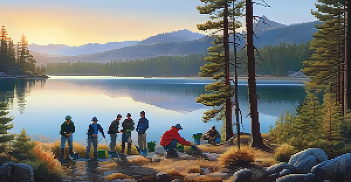 A peaceful scene in Big Bear National Park at sunrise, with volunteers planting trees by a lake surrounded by pine trees and mountains.