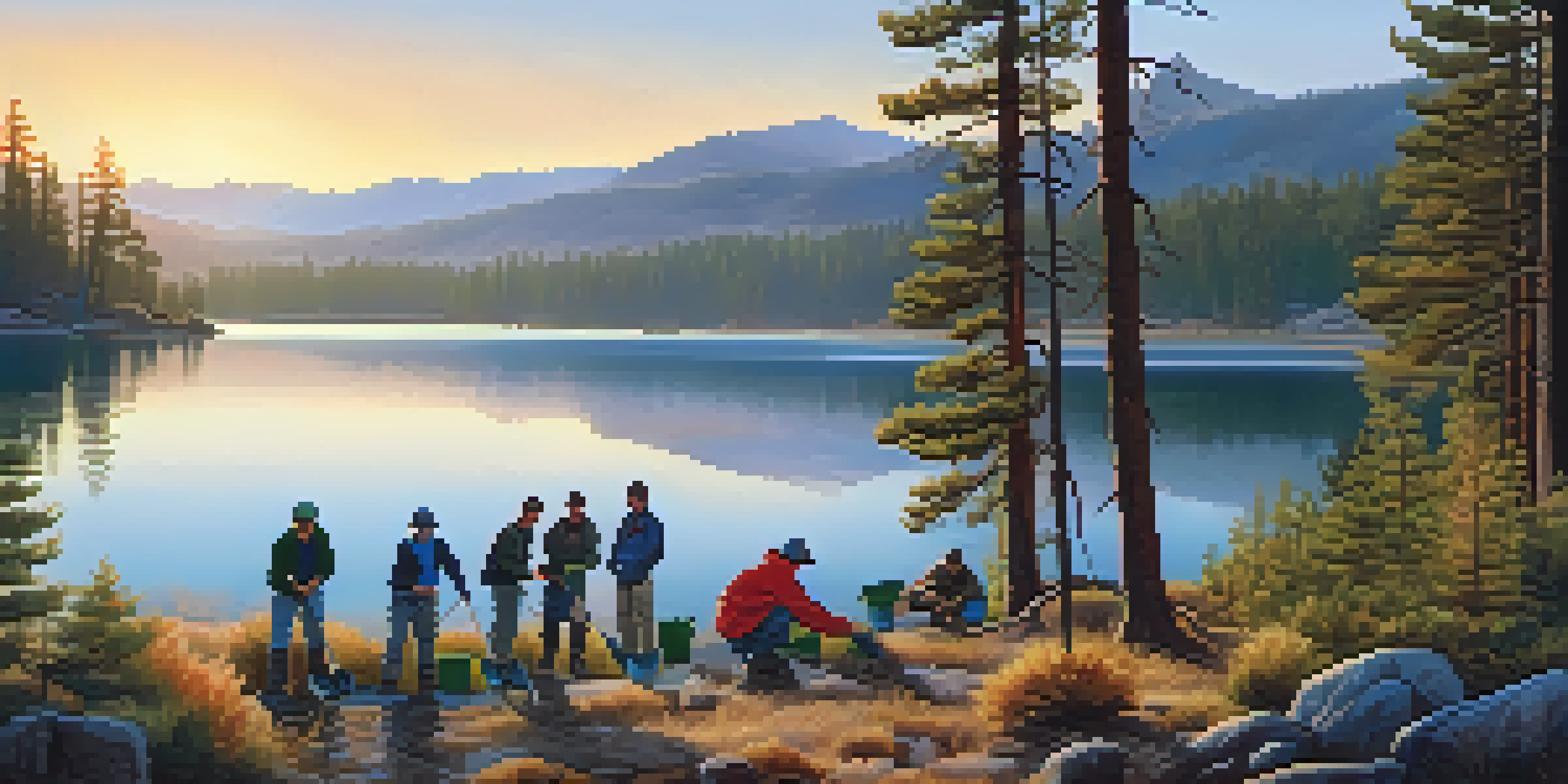 A peaceful scene in Big Bear National Park at sunrise, with volunteers planting trees by a lake surrounded by pine trees and mountains.