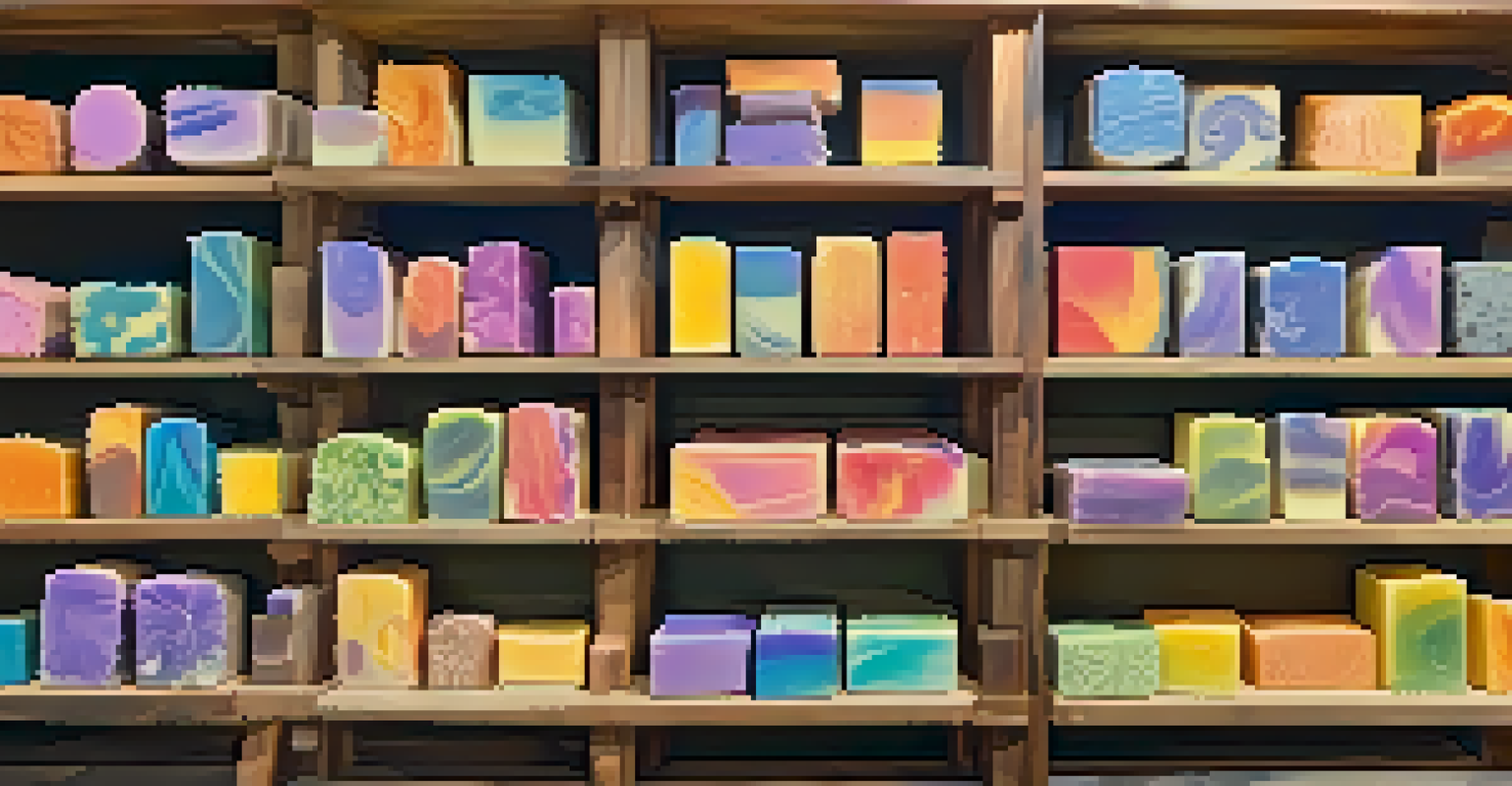 A colorful arrangement of handcrafted soaps displayed on rustic wooden shelves, showcasing various artistic designs and vibrant colors.