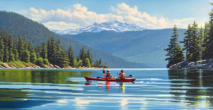 A family kayaking on a calm lake surrounded by mountains and trees under a clear blue sky.