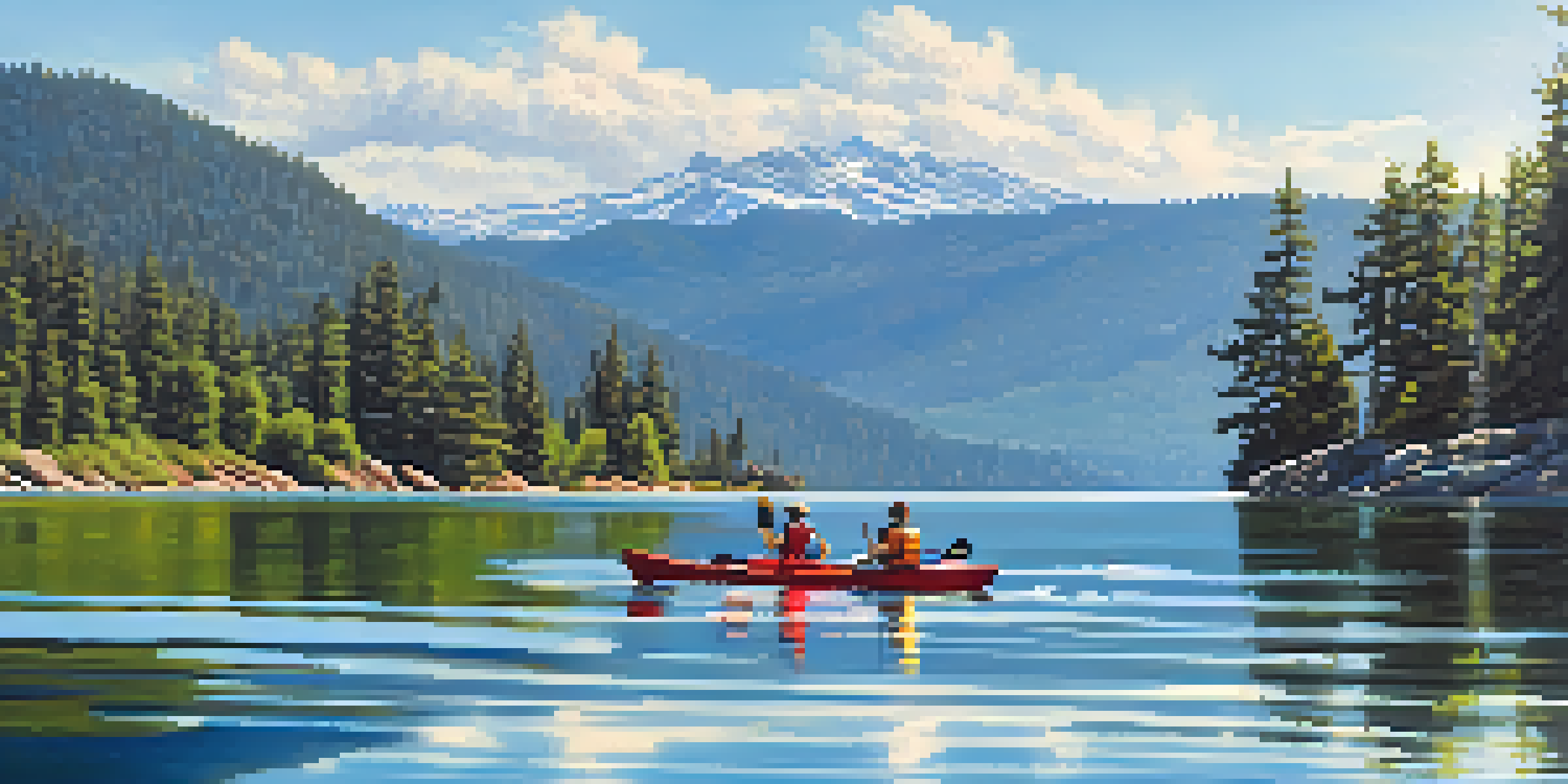A family kayaking on a calm lake surrounded by mountains and trees under a clear blue sky.