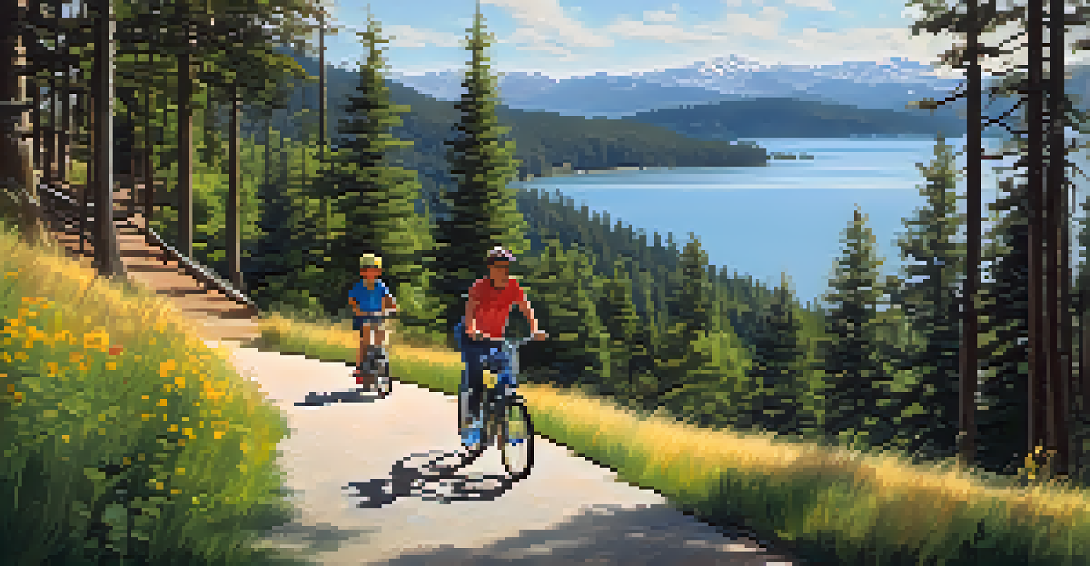 A family biking and walking on the Alpine Pedal Path with a dog, surrounded by trees and views of Big Bear Lake.