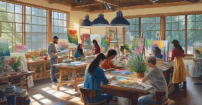 A bright and inviting arts and crafts workshop with people painting and various art supplies scattered around, showcasing a warm and creative atmosphere.