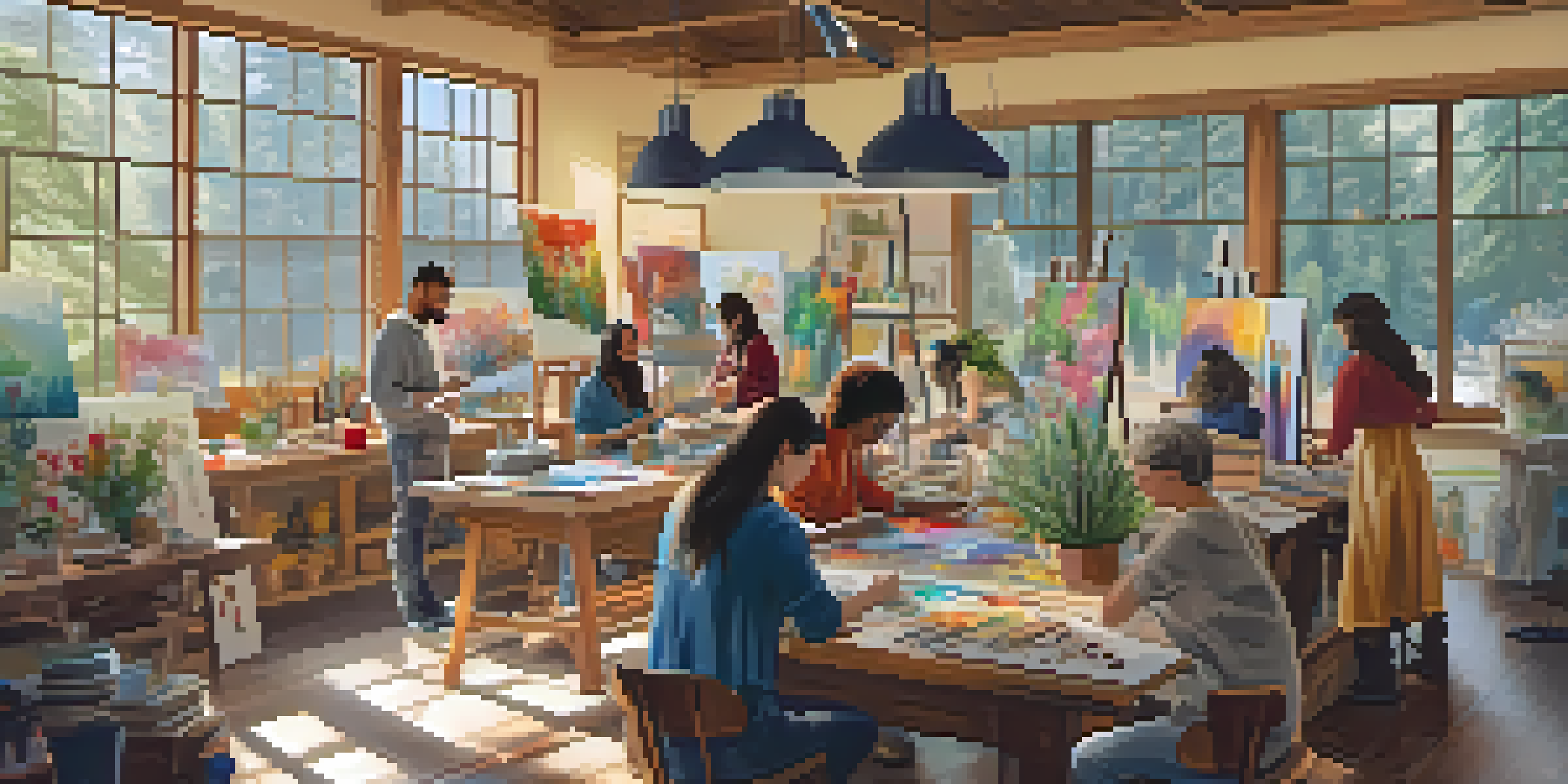 A bright and inviting arts and crafts workshop with people painting and various art supplies scattered around, showcasing a warm and creative atmosphere.