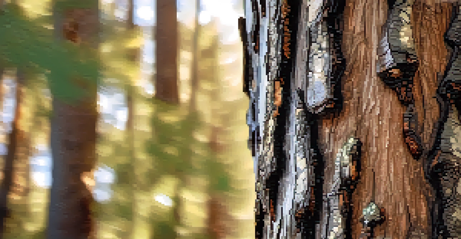 A detailed close-up of tree bark in Big Bear, illuminated by soft sunlight, showcasing the textures and patterns of nature.