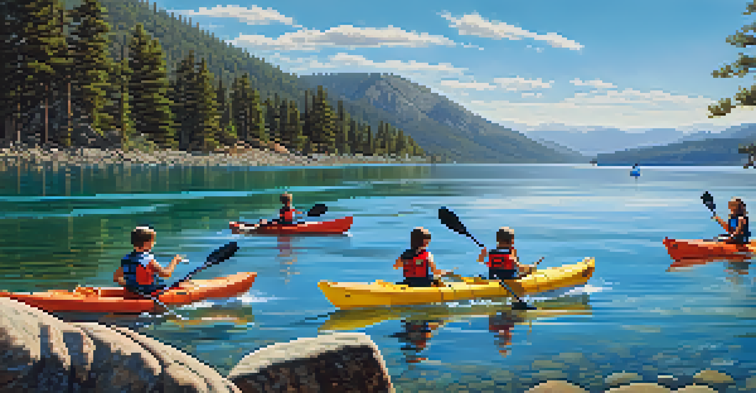 A family kayaking on Big Bear Lake, enjoying the sunny weather and beautiful mountain scenery.