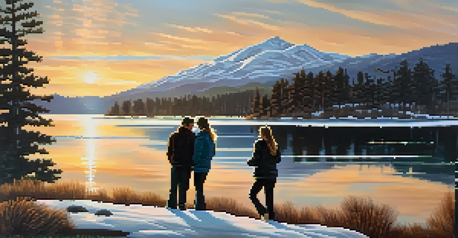 A serene sunset view at Big Bear Lake with a couple walking along the shore, showcasing vibrant colors in the sky and reflections on the water.