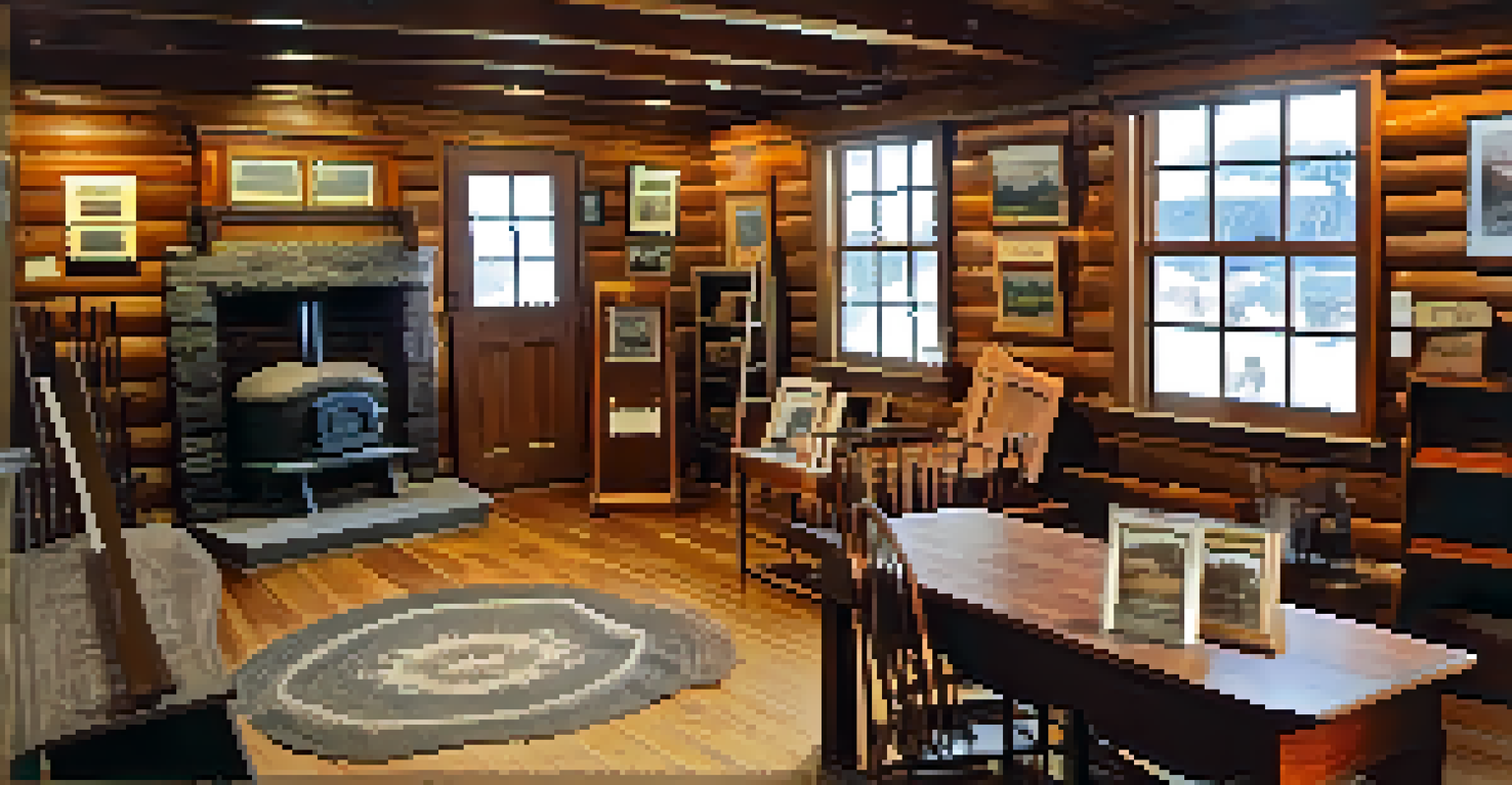 Inside the Big Bear Historical Museum, with a replica cabin and historical artifacts on display.