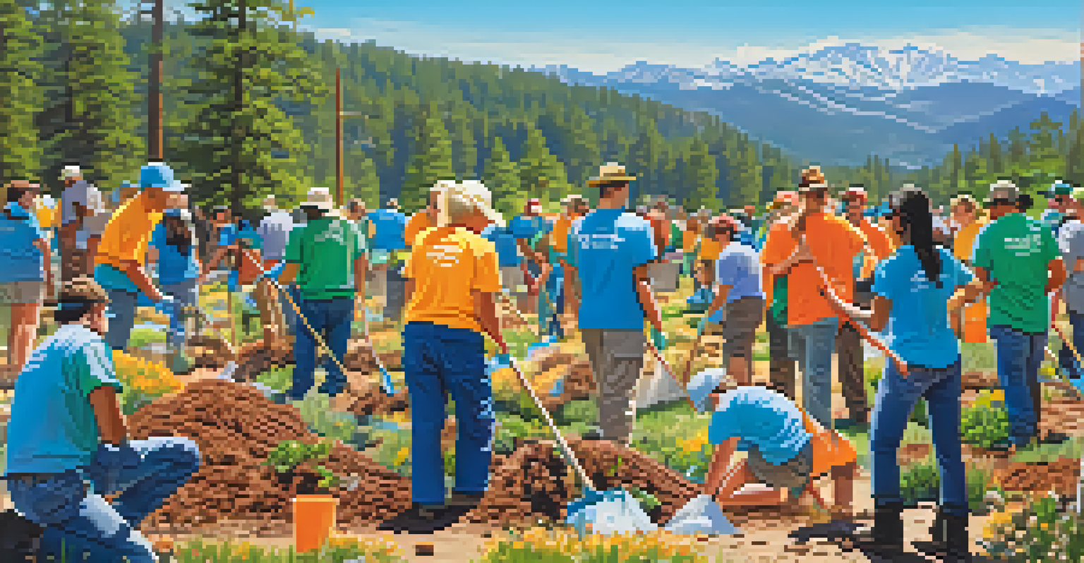 Community members participating in a clean-up event in Big Bear, with trees and mountains in the background.