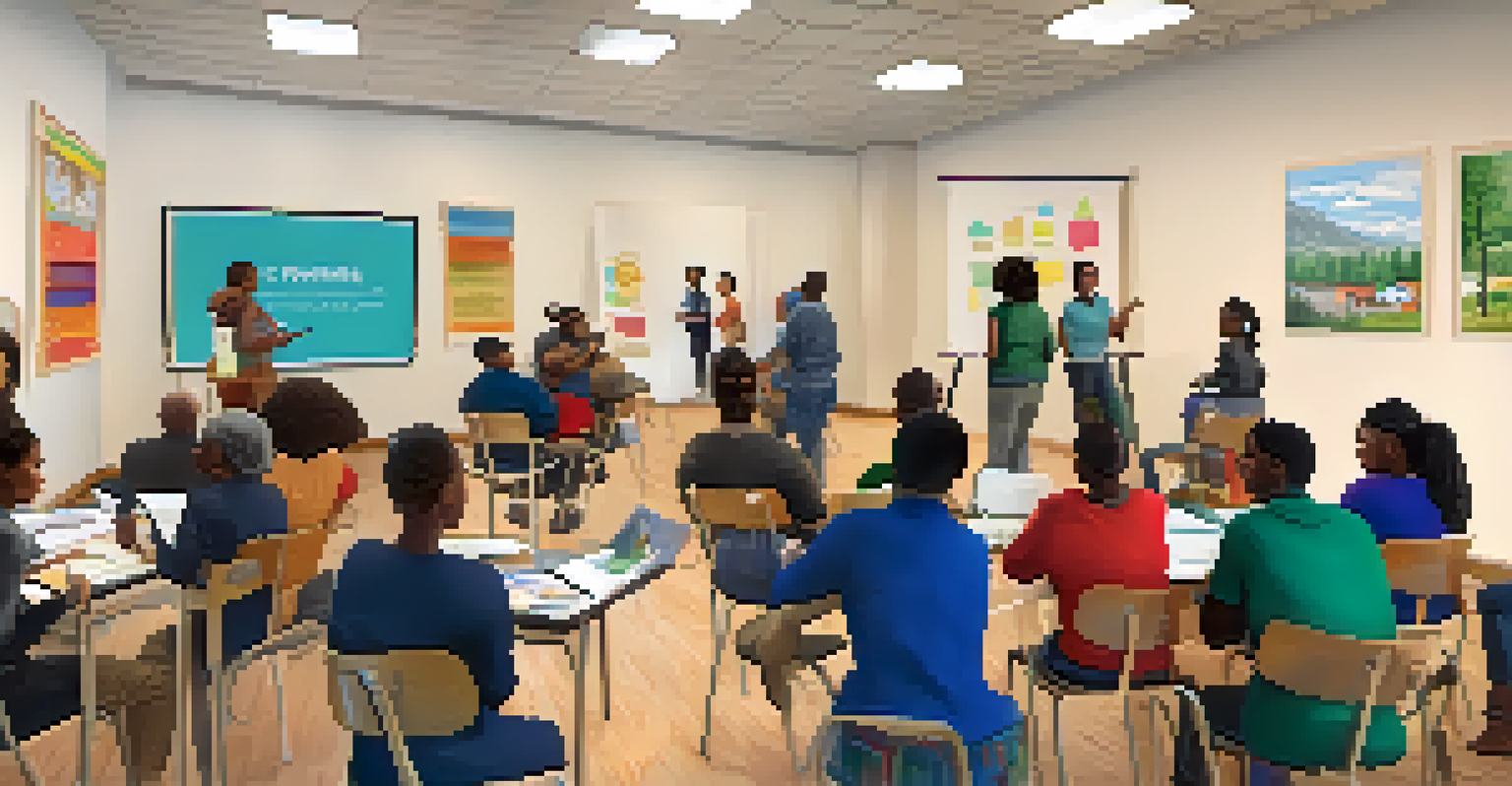 A group of diverse individuals participating in an educational workshop in a bright community center.
