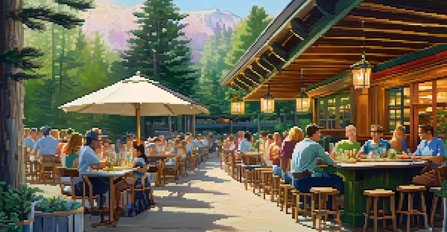 Outdoor patio of a tavern with tables filled with fresh salads and cocktails, surrounded by pine trees and enjoying live music.