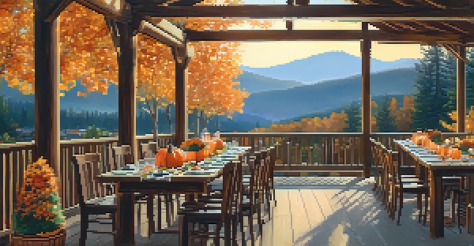 An outdoor dining area in Big Bear, decorated for fall with pumpkins and autumn leaves, where people are enjoying a meal surrounded by colorful foliage.