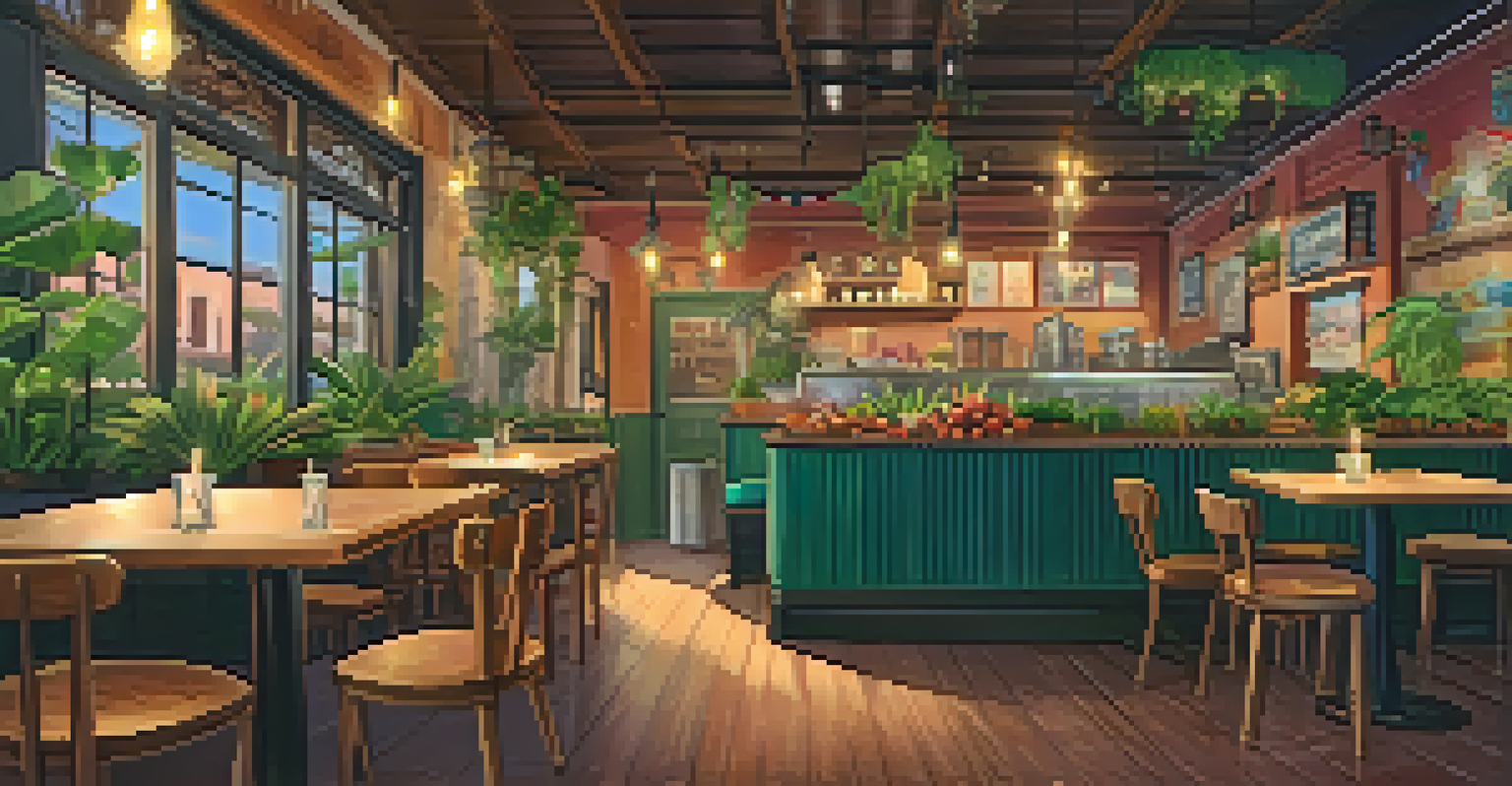 A cozy vegan restaurant interior with wooden furniture and a table set with colorful plant-based dishes.