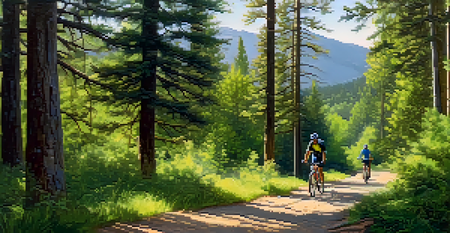 A picturesque summer scene in Big Bear with mountain bikers riding through a green forest trail, illuminated by sunlight filtering through the trees.