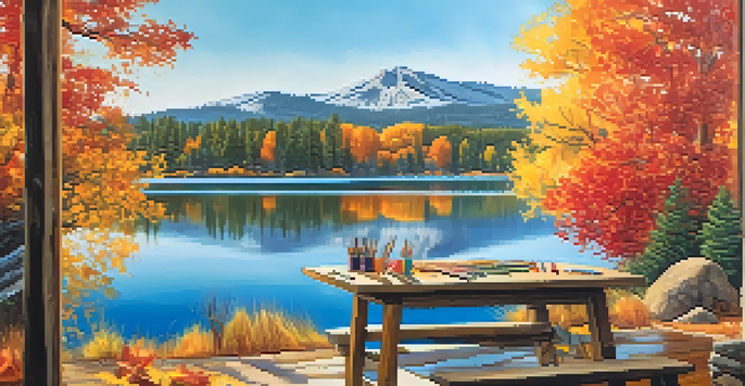 An autumn landscape of Big Bear Lake with colorful fall foliage and a wooden table with art supplies in the foreground.