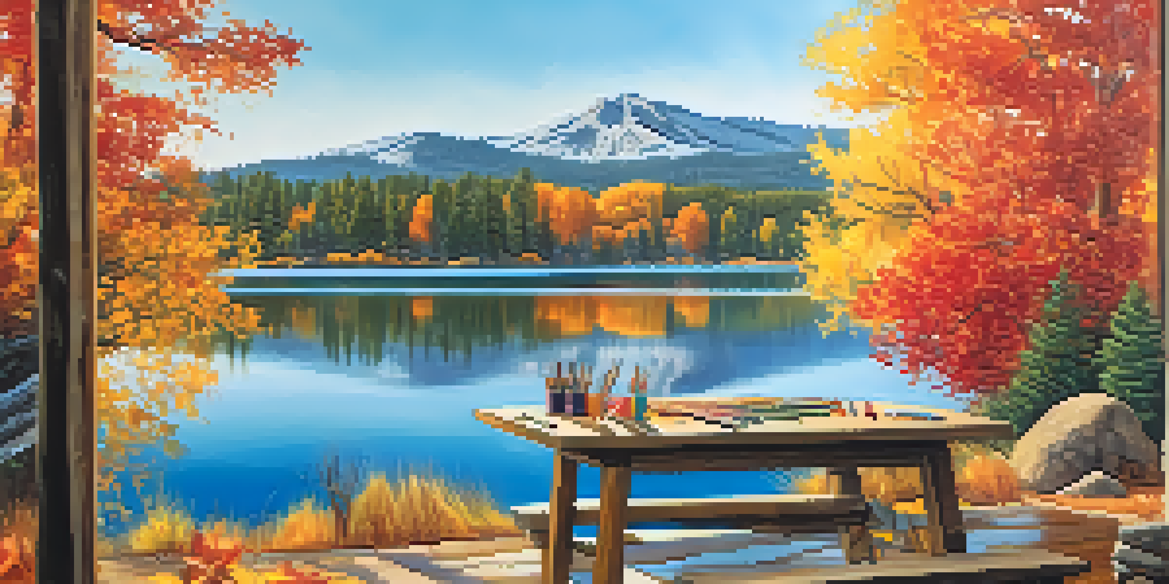 An autumn landscape of Big Bear Lake with colorful fall foliage and a wooden table with art supplies in the foreground.