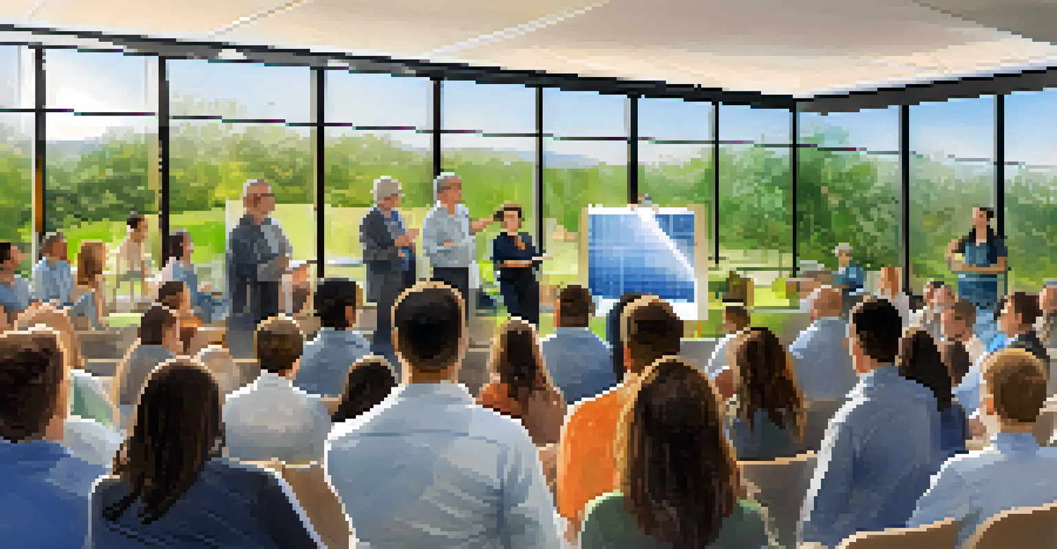 A seminar on renewable energy with a local expert explaining solar panel construction to an engaged audience.