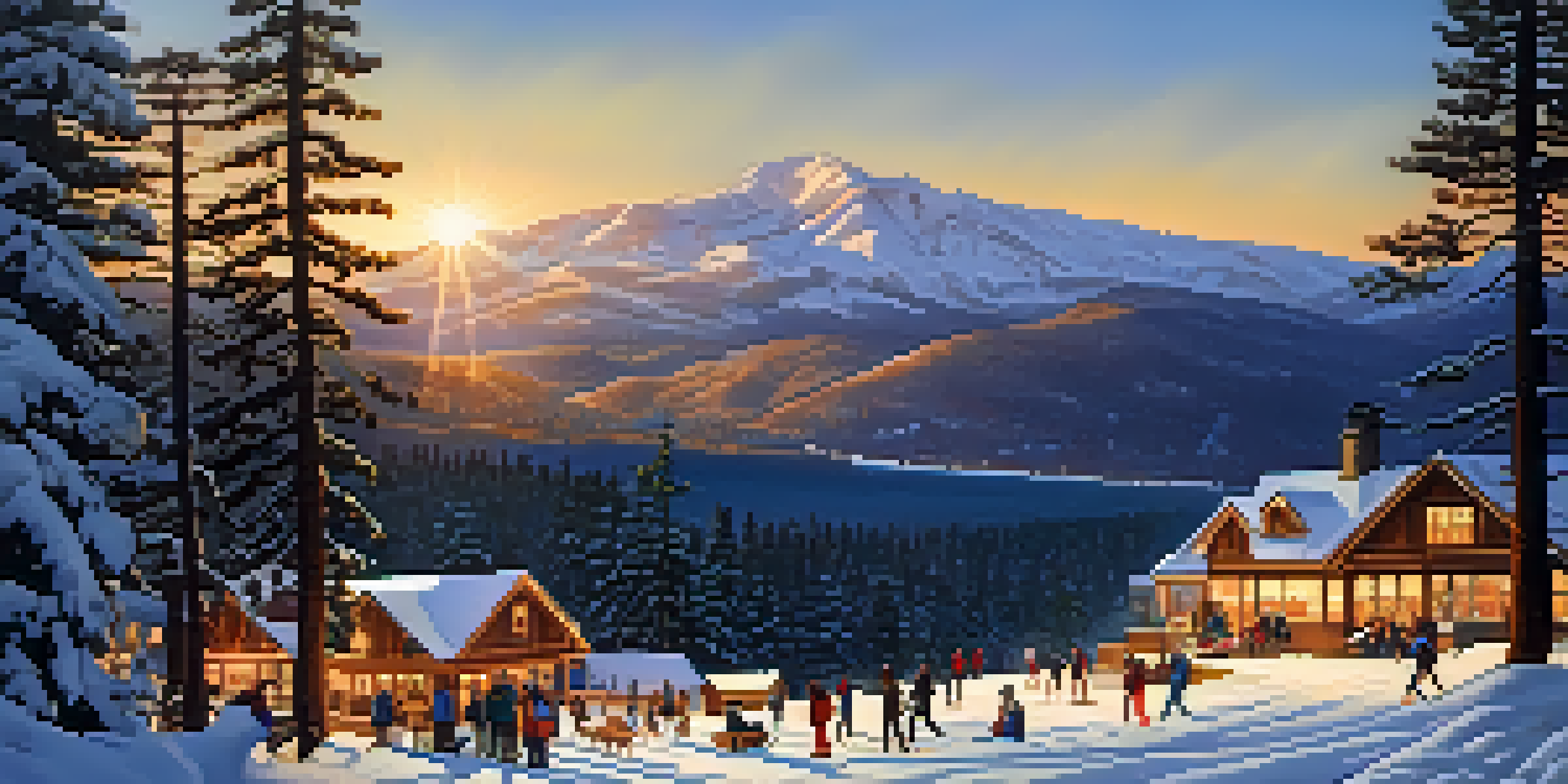 A beautiful winter scene depicting snow-covered mountains, pine trees, and families enjoying skiing. Friends are gathered around a bonfire with hot cocoa.