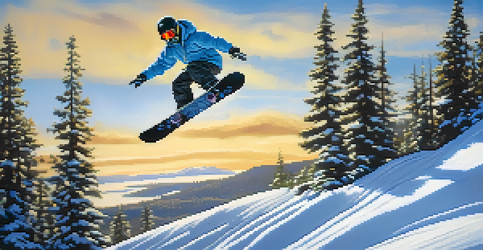 A snowboarder in mid-air performing an Ollie over a small jump in a snowy landscape.