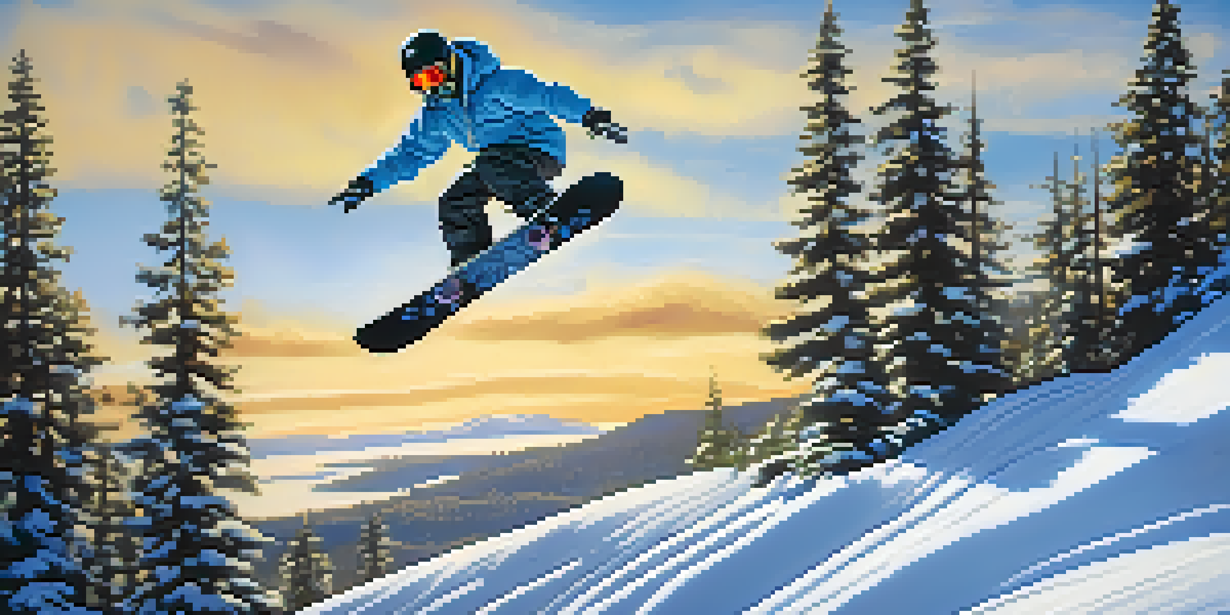A snowboarder in mid-air performing an Ollie over a small jump in a snowy landscape.