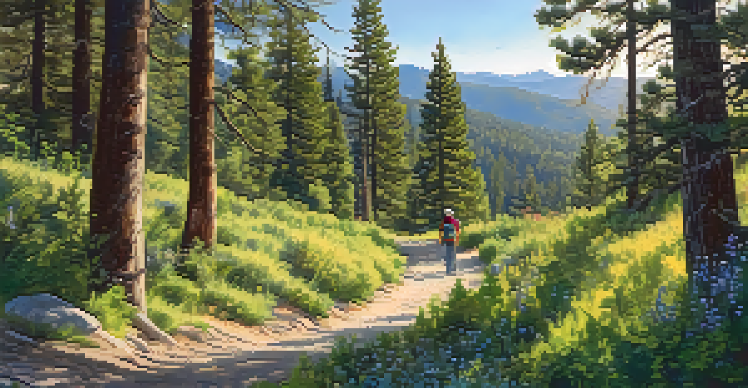 A group of friends hiking on a scenic trail surrounded by trees and mountains, enjoying nature together.