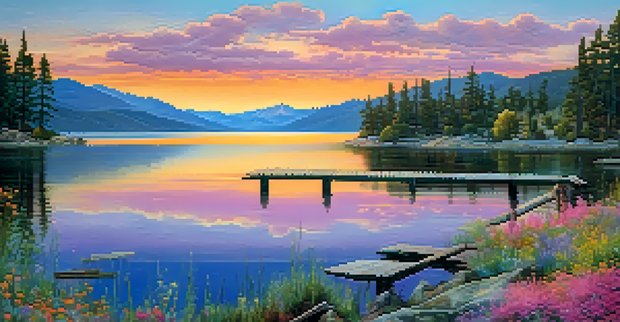A breathtaking sunset over Big Bear Lake, with colorful skies reflecting on the water and a wooden dock in the foreground surrounded by wildflowers.