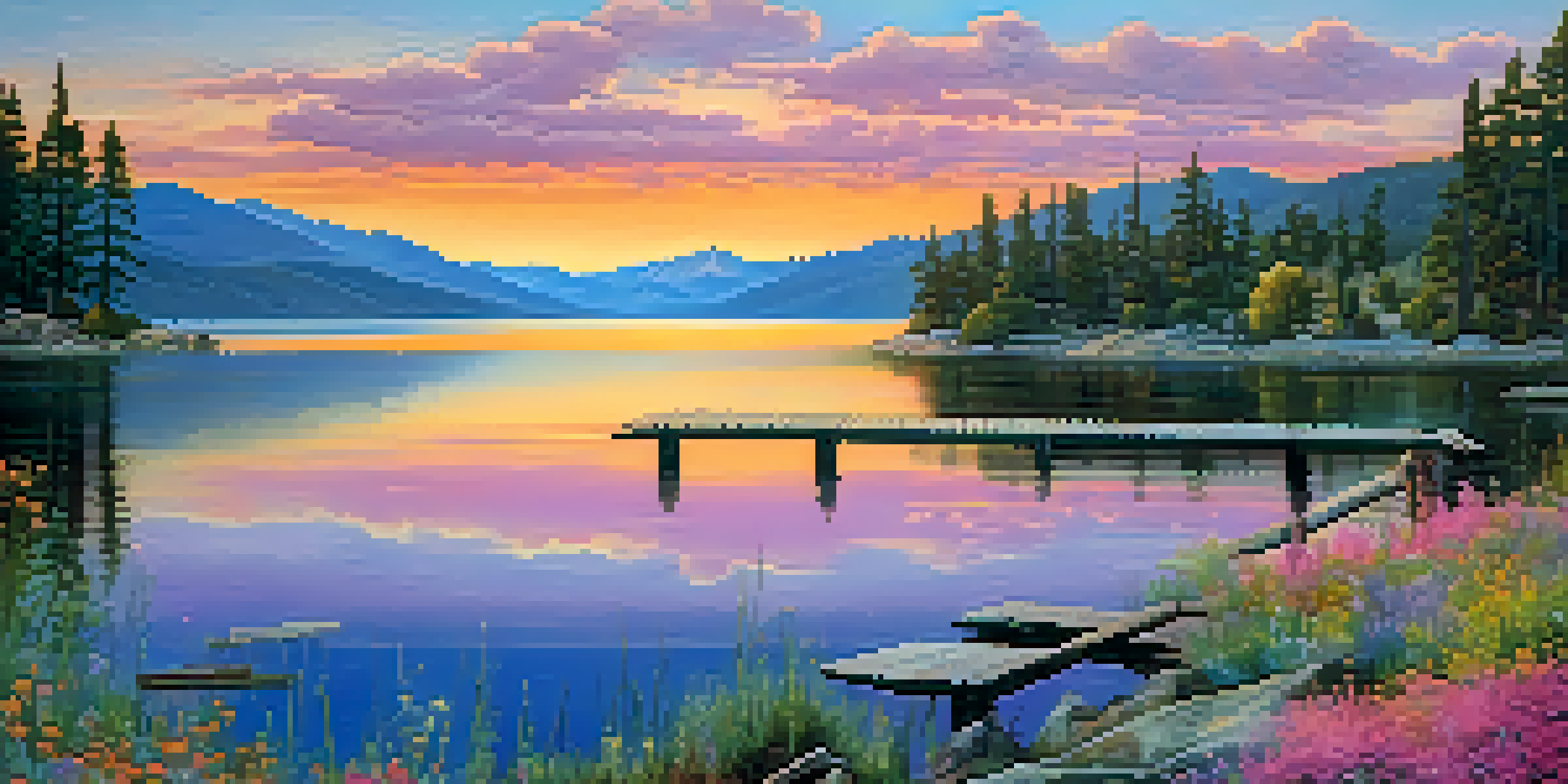 A breathtaking sunset over Big Bear Lake, with colorful skies reflecting on the water and a wooden dock in the foreground surrounded by wildflowers.