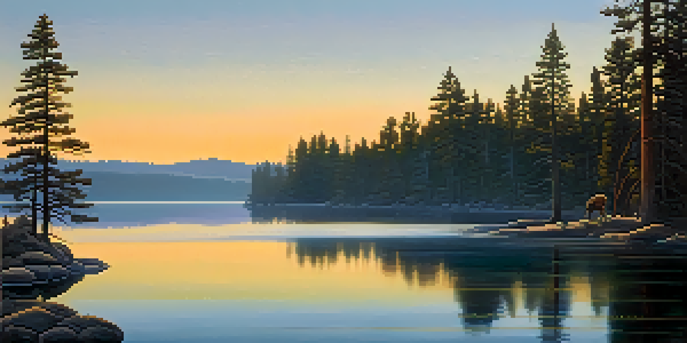 A peaceful dawn scene at a lake in Big Bear, California, with a deer drinking water and mist rising from the lake's surface.
