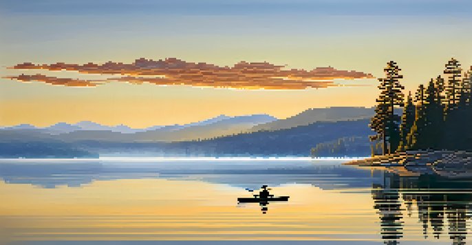 A peaceful sunrise over Big Bear Lake, featuring mist on the water, pine trees, and a kayak on the lake with mountains in the background.