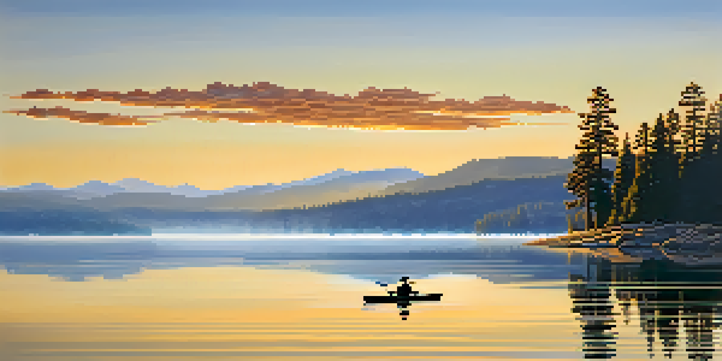 A peaceful sunrise over Big Bear Lake, featuring mist on the water, pine trees, and a kayak on the lake with mountains in the background.