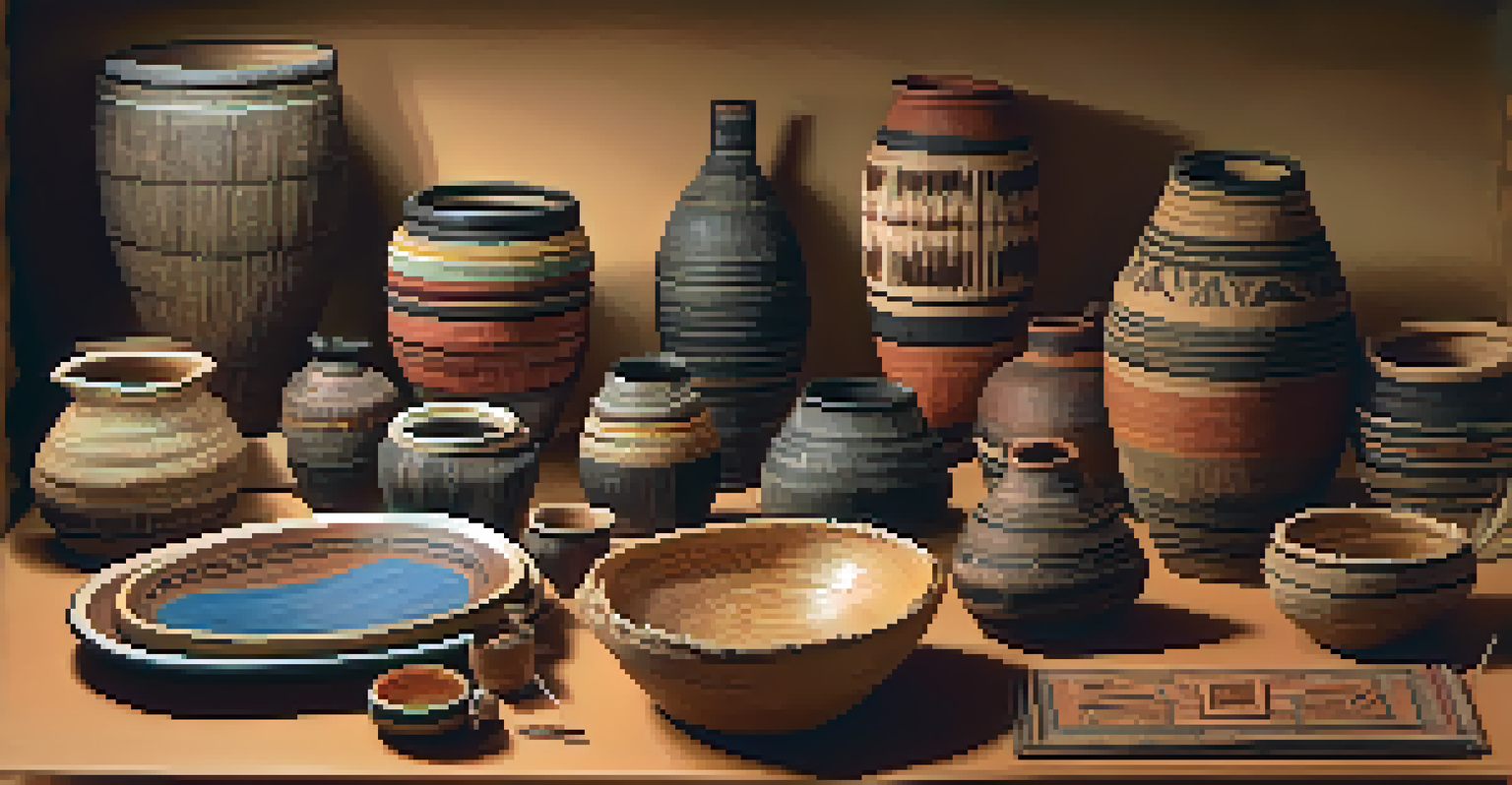 Display of Native American artifacts including pottery, baskets, and textiles with informative panels.
