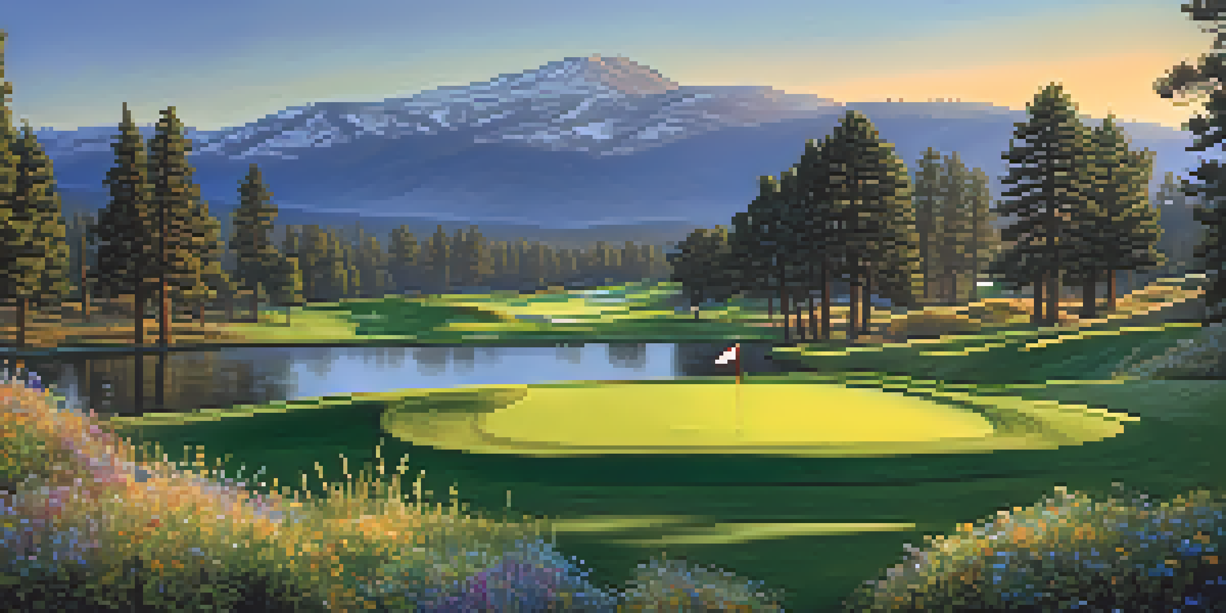 A scenic view of Big Bear Lake Golf Course at sunrise with green fairways and mountains in the background.