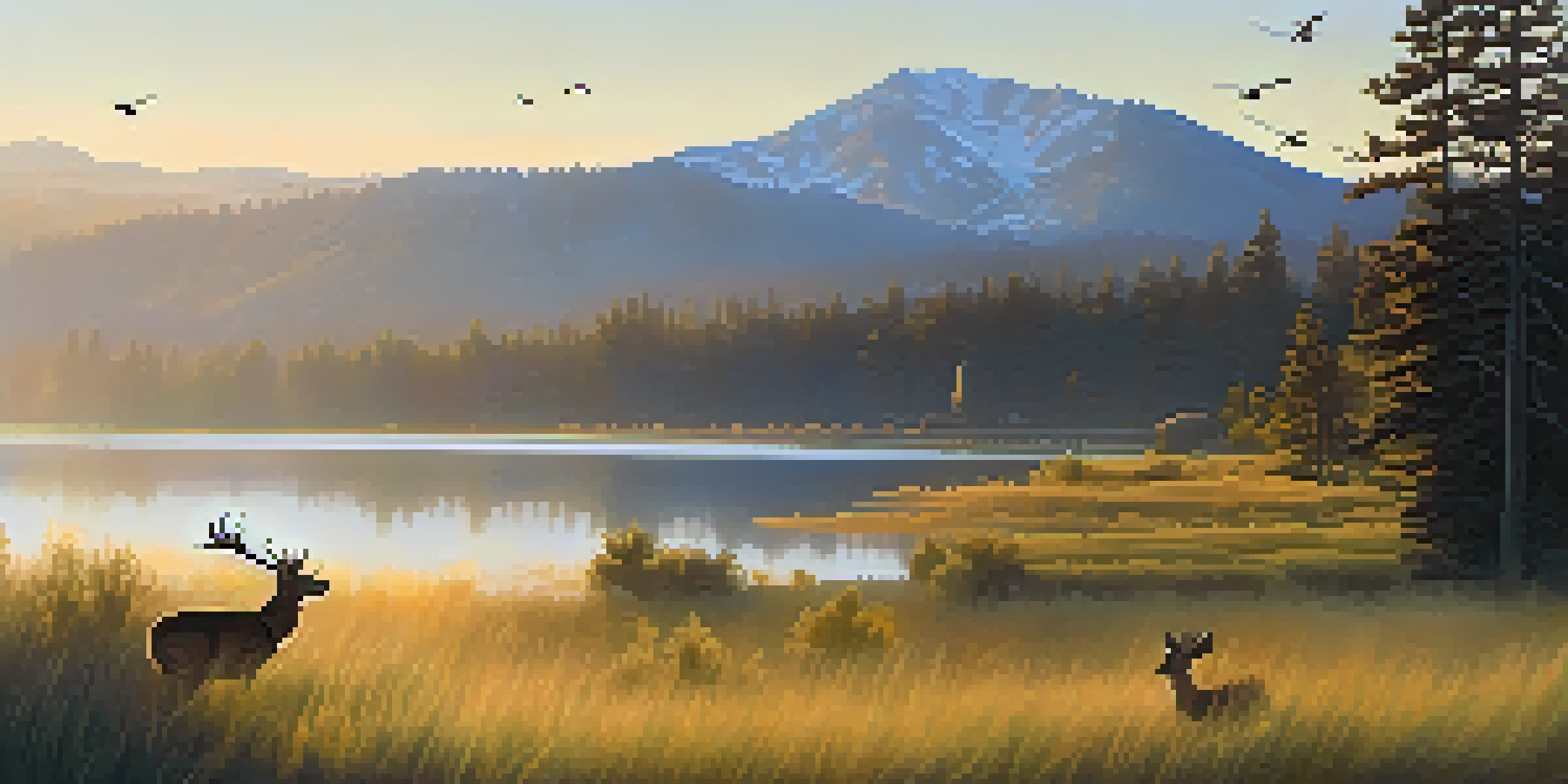 A tranquil sunrise scene at Big Bear Lake, with deer grazing and mist on the water, surrounded by mountains.