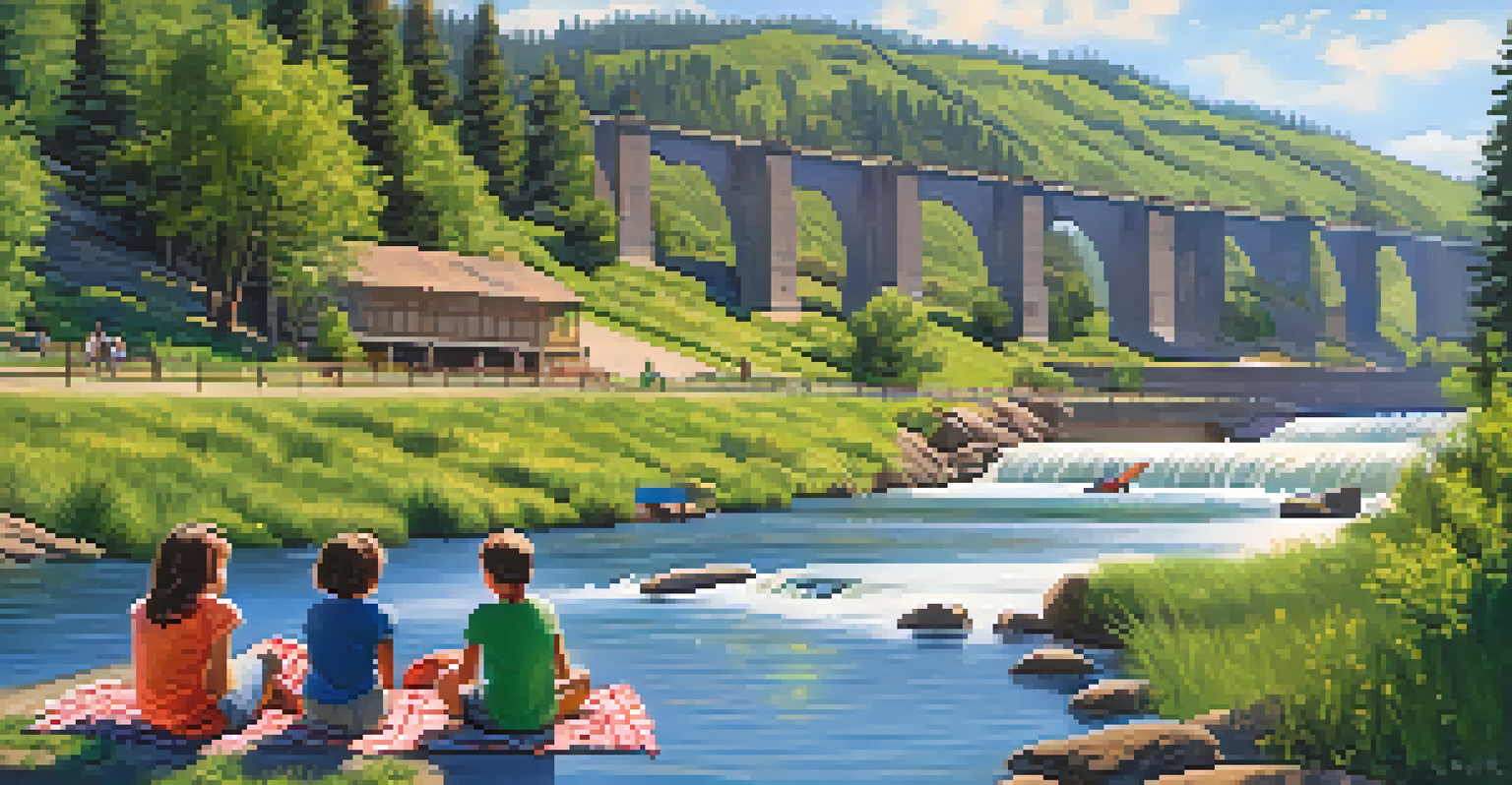 A family having a picnic near the Old Bear Valley Dam, with children playing and the dam visible in the background.