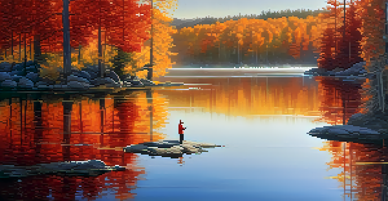 A picturesque autumn scene in Big Bear with colorful trees reflecting on a tranquil lake during a misty morning.