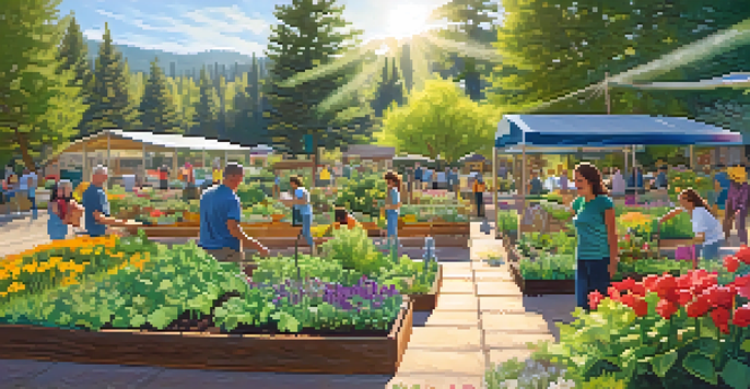 A diverse group of volunteers working together in a colorful community garden filled with flowers and vegetables, under warm sunlight.