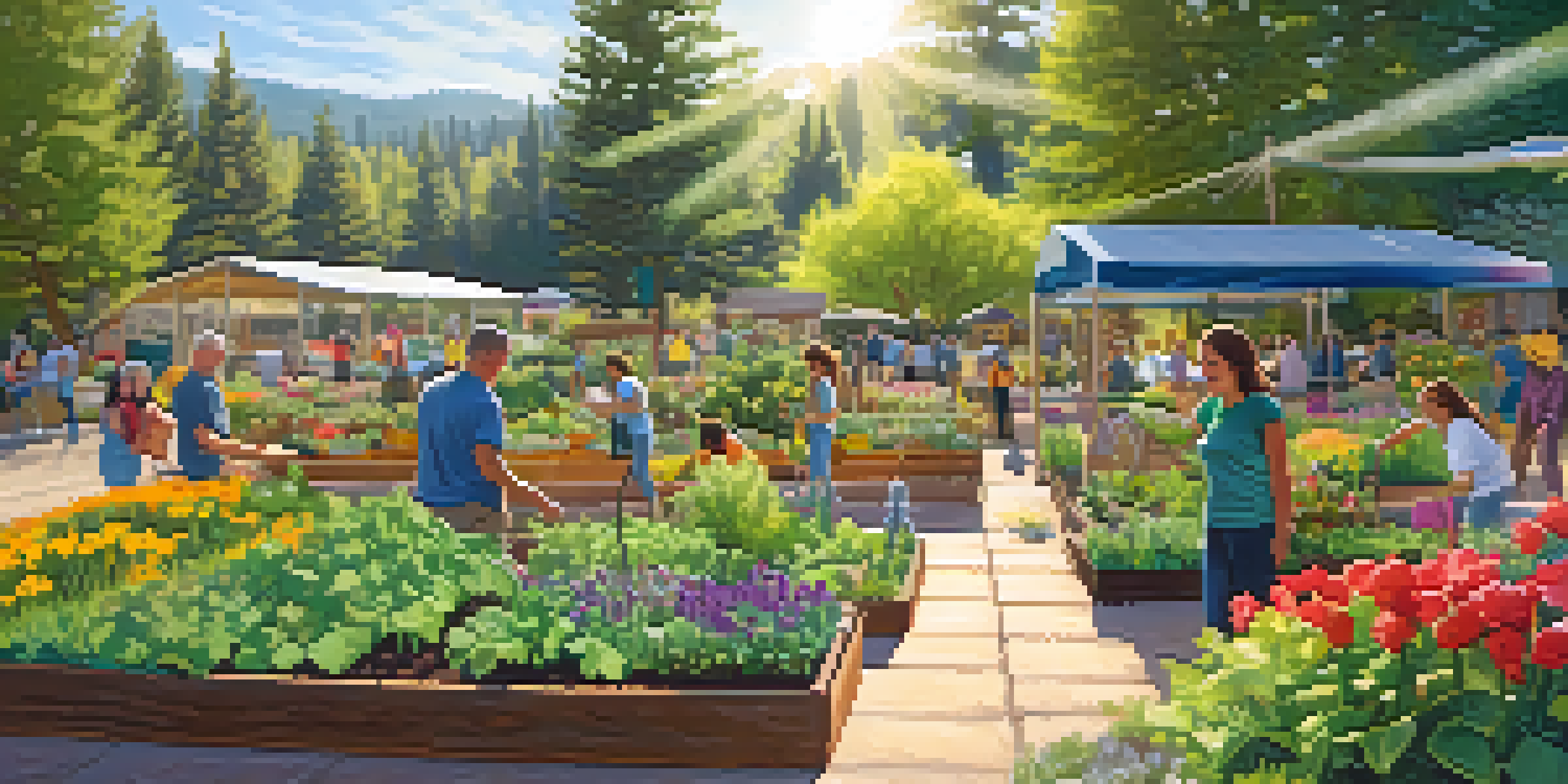A diverse group of volunteers working together in a colorful community garden filled with flowers and vegetables, under warm sunlight.