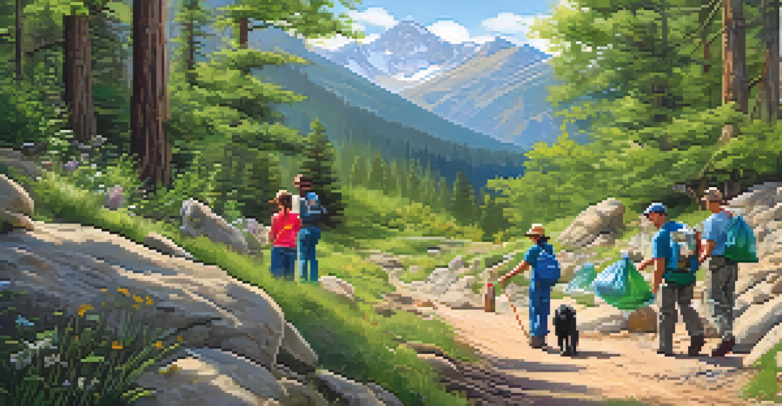 A family participates in a community clean-up event along a beautiful hiking trail.
